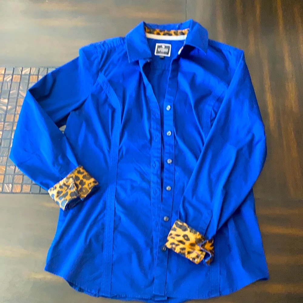 Blue button down long sleeve leopard print cuff